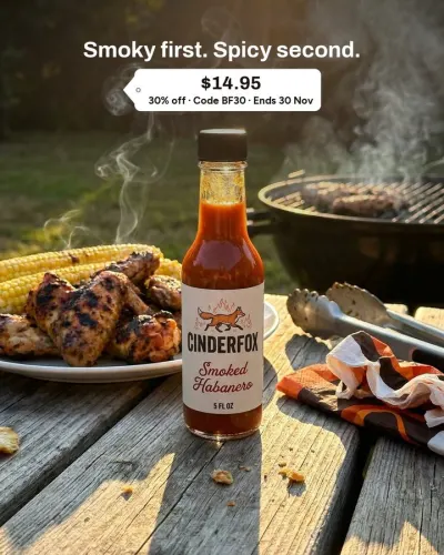 Price tag with an offer for Cinderfox: Smoked Habanero hot sauce