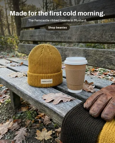 Video from an image ad for Ferncastle: Ribbed beanie in Mustard